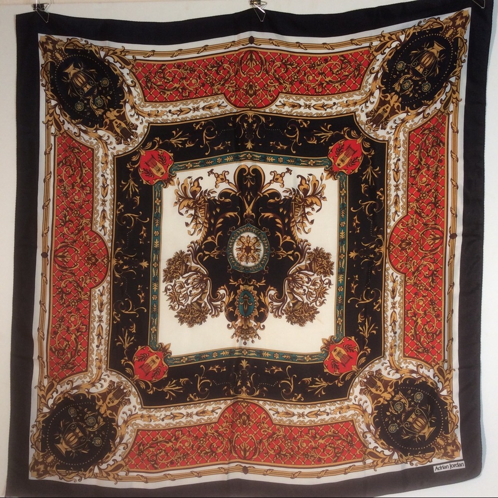Adrian Jordan Red Black Gold Floral Square Scarf